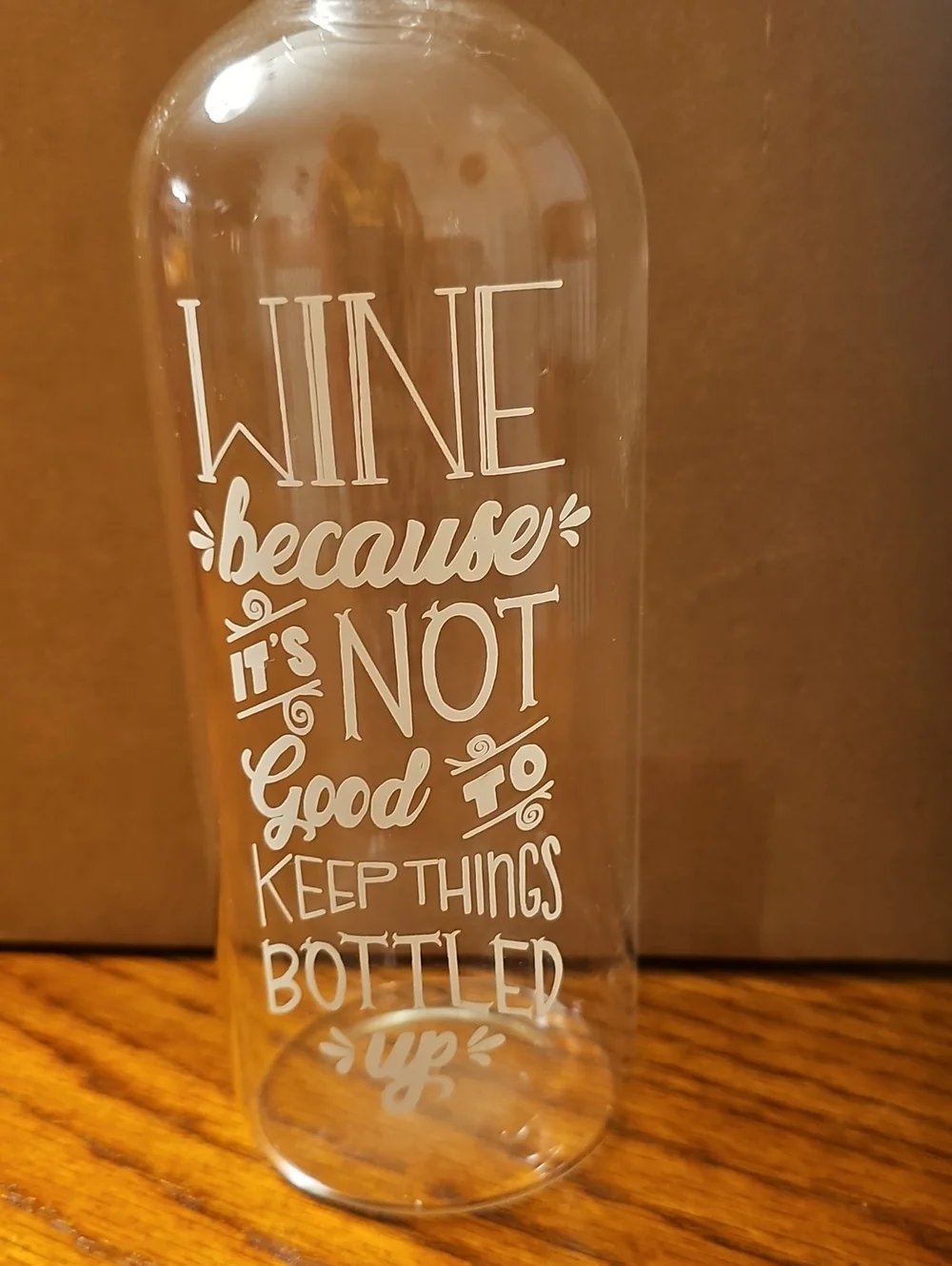 Unique Clear Glass Wine Bottle & Glass Combo with White Script
